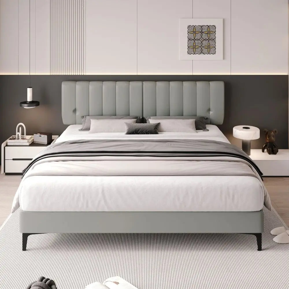 Stylish upholstery bed 180*200 PU with Grey Removable Back and Slatted Frame