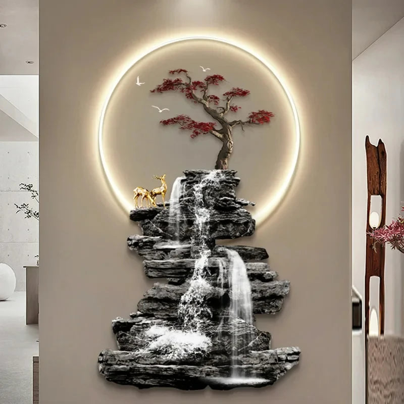 Home Decor Wall Surface Crystal Porcelain Acrylic Painting Hanging Pieces Living Room Decoration LED Light Circle