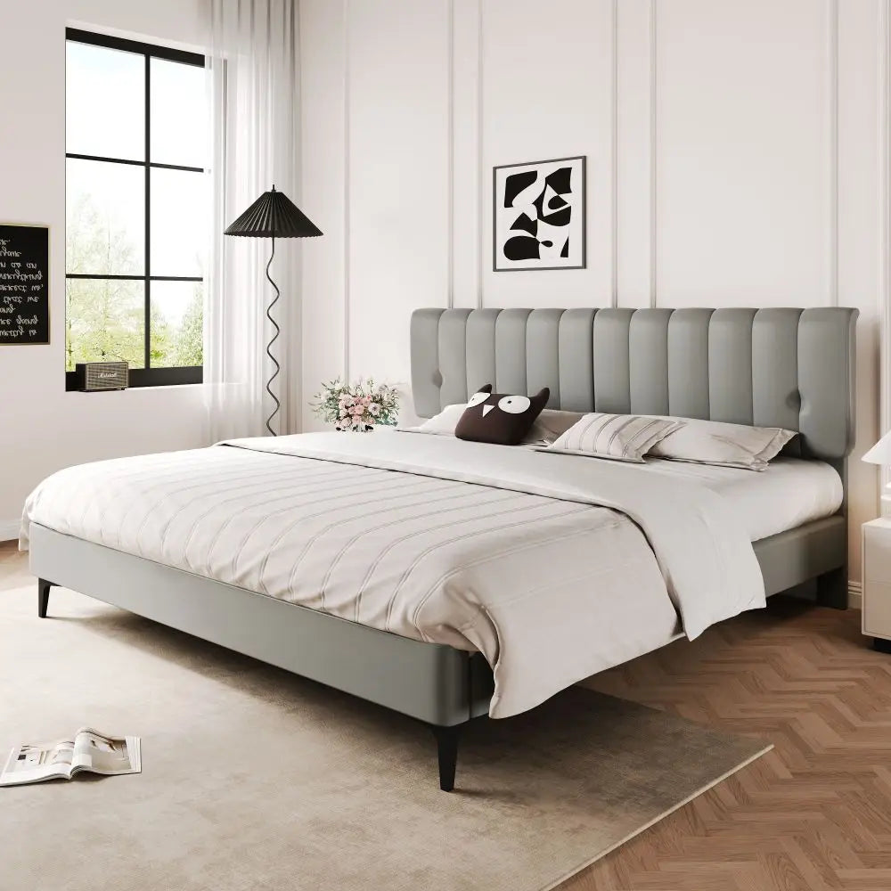 Stylish upholstery bed 180*200 PU with Grey Removable Back and Slatted Frame