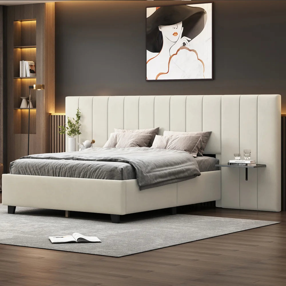 Upholstery bed 140x200 cm double bed with extended headboard and backrest shelves on both sides of the head board, with slatted frame, velvet fabric Beige