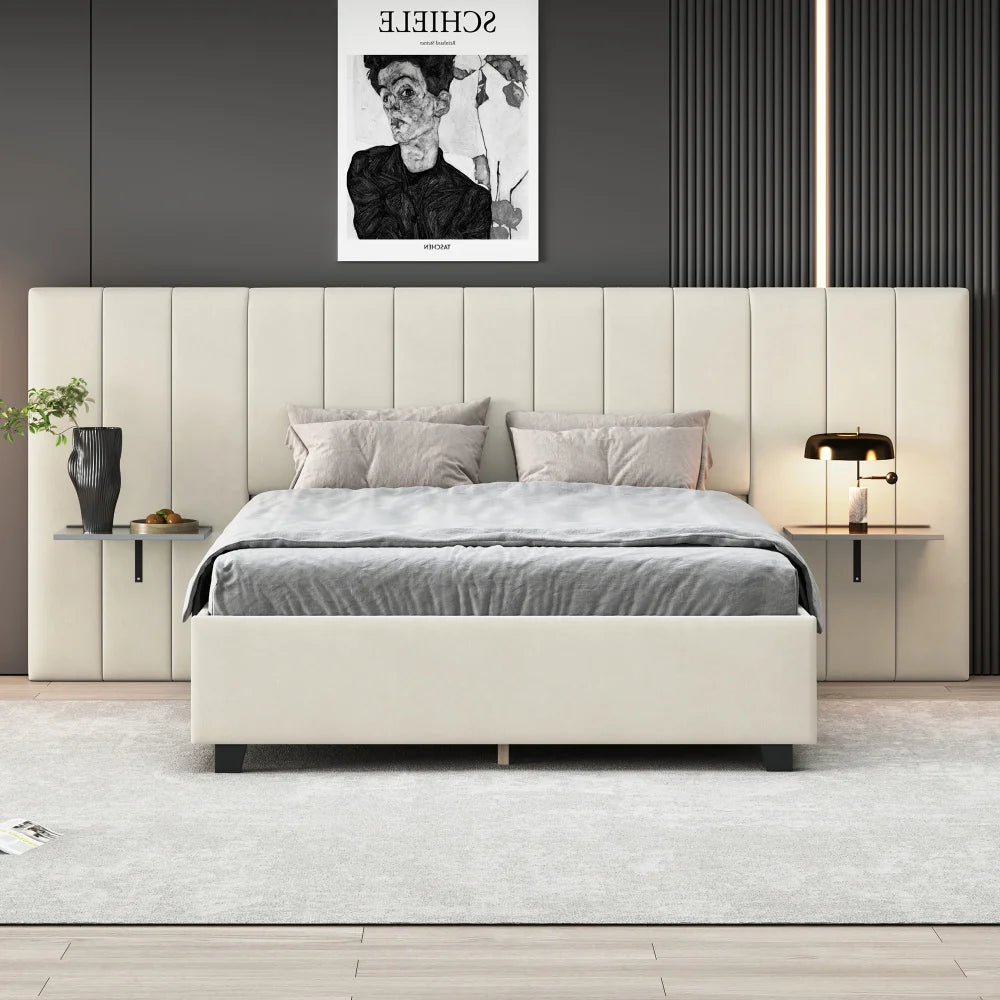 Upholstery bed 140x200 cm double bed with extended headboard and backrest shelves on both sides of the head board, with slatted frame, velvet fabric Beige